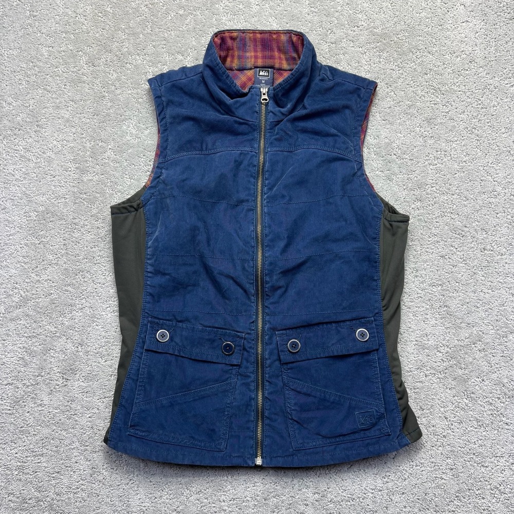 REI Corduroy Puffer Vest Womens Medium Blue Red Plaid Lining Outdoor Camping